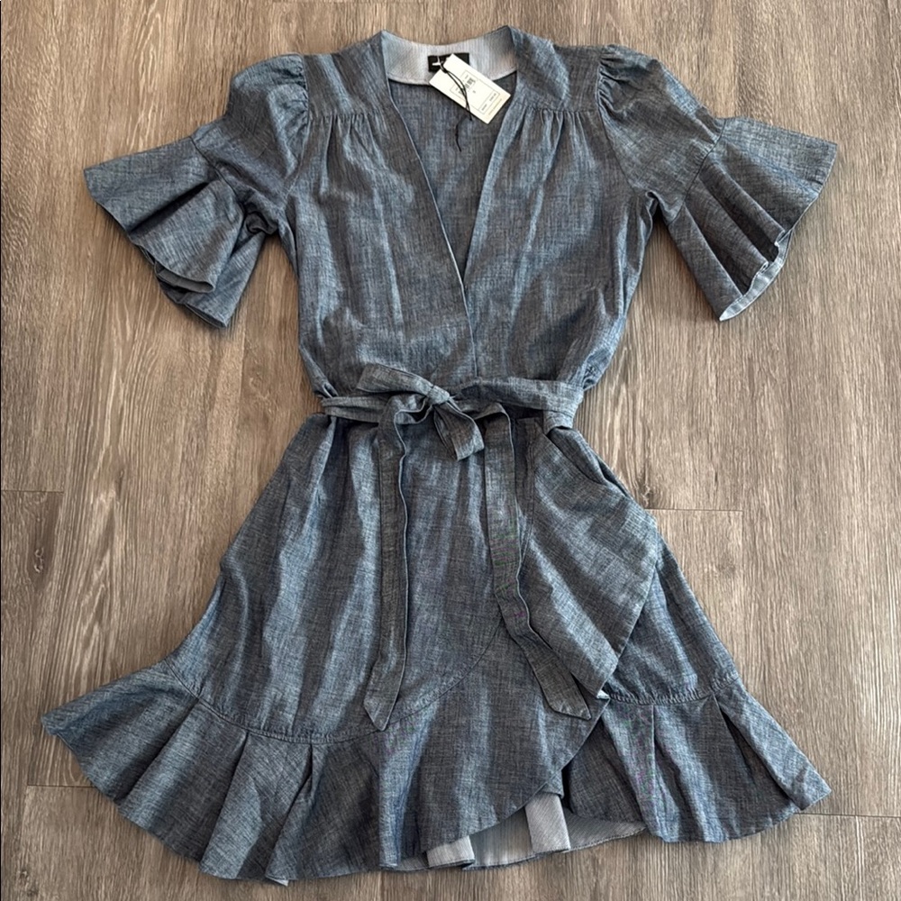 7 For All Mankind Blue Ruffled Flutter Sleeve Mini Dress - Picture 2 of 9